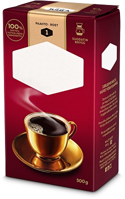 Kuvassa Pauligin kahvipaketin ulkoasusta muodostuva kolmiulotteinen tavaramerkki.